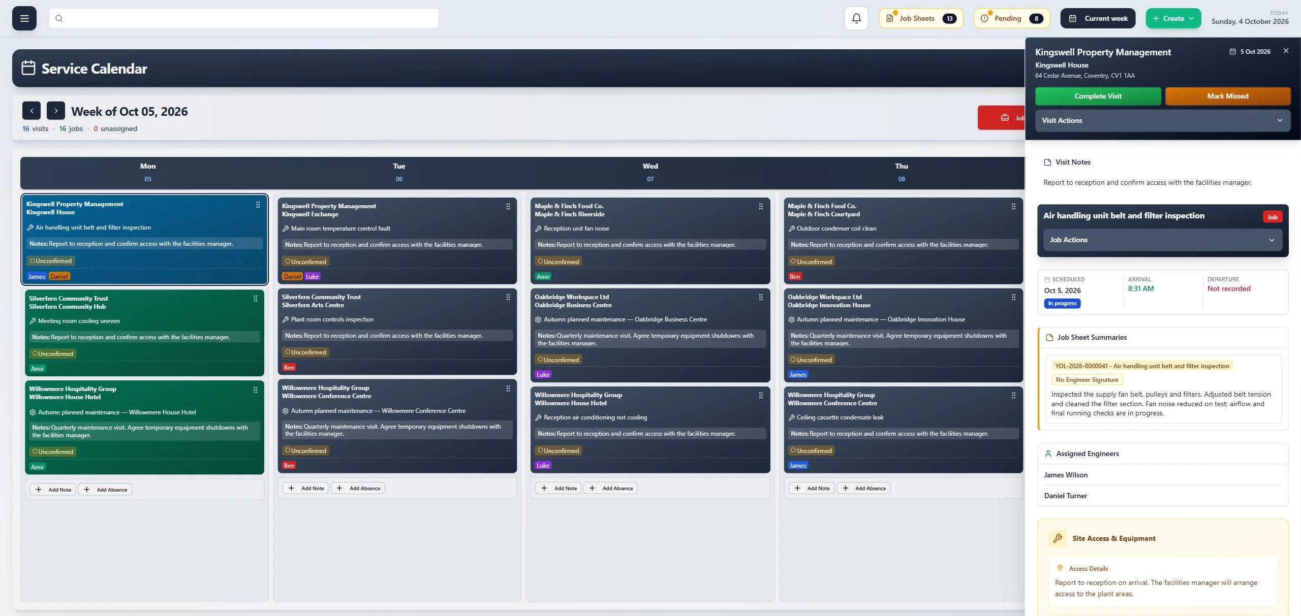 ClimaticFlow: Calendar with an open visit sidebar showing a job sheet summary, attendance and two assigned engineers.