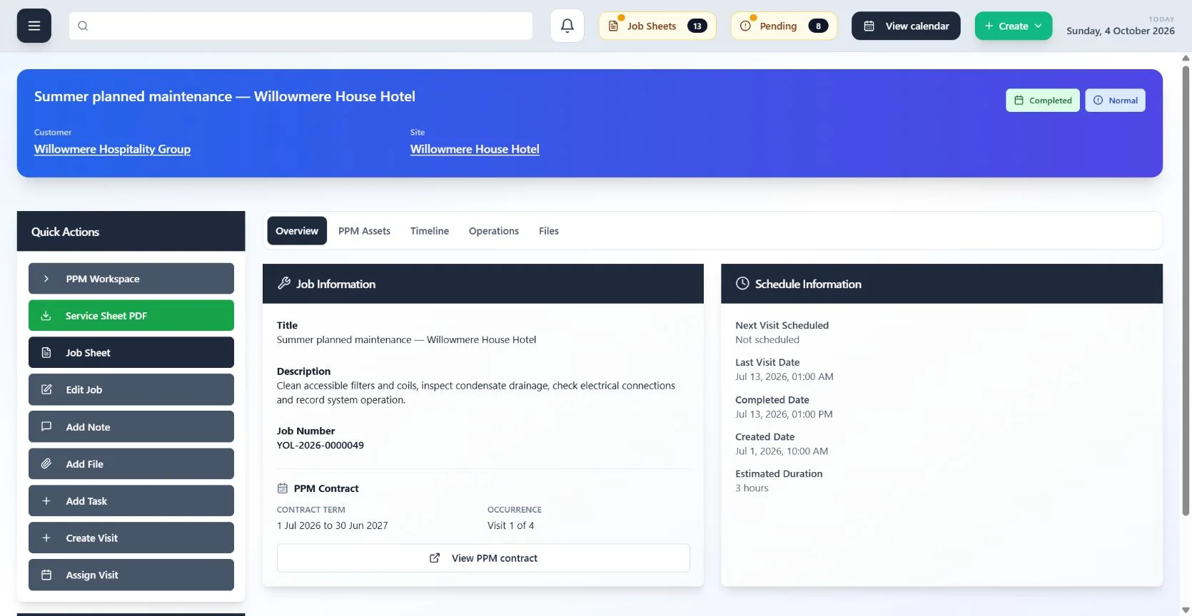 ClimaticFlow: Completed maintenance job connected to its customer, site, PPM contract, occurrence and job sheet.