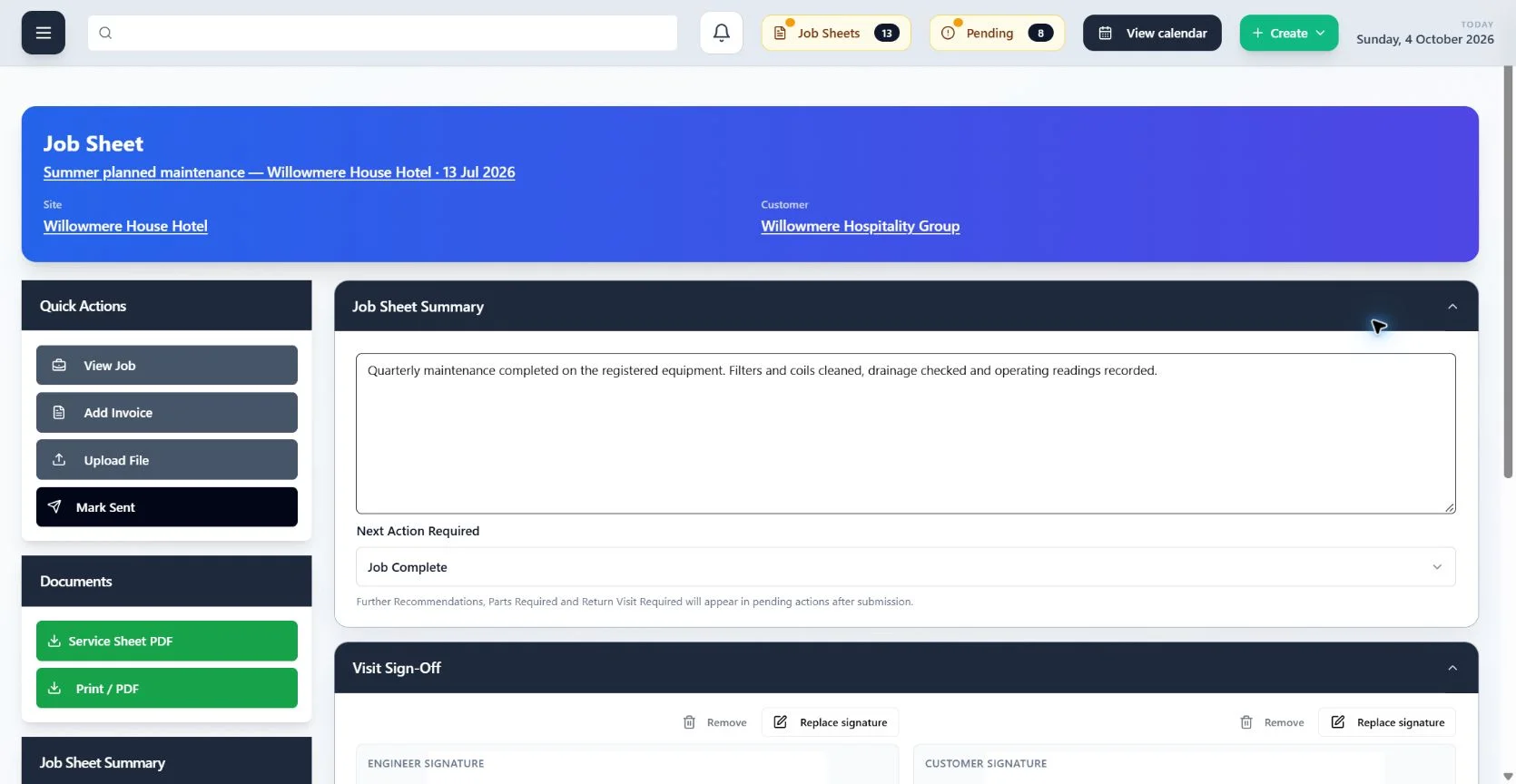 ClimaticFlow: Completed maintenance job sheet with work summary, next action and visit sign-off.