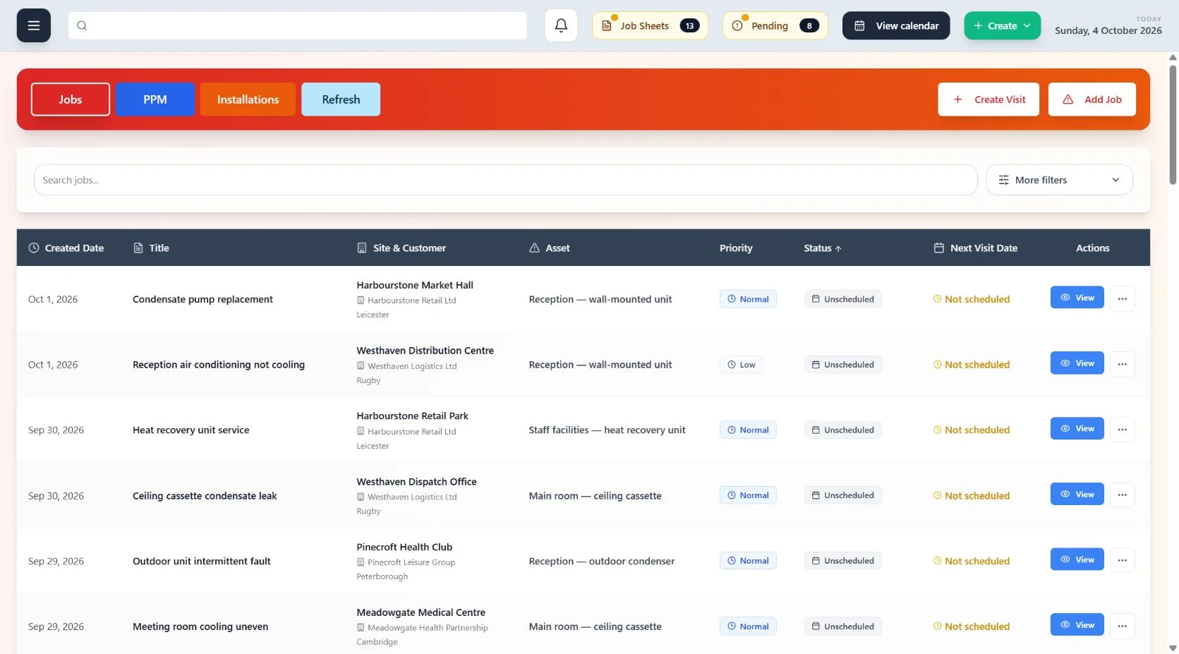 ClimaticFlow: Jobs linked to customer sites, assets, priorities and scheduling status.