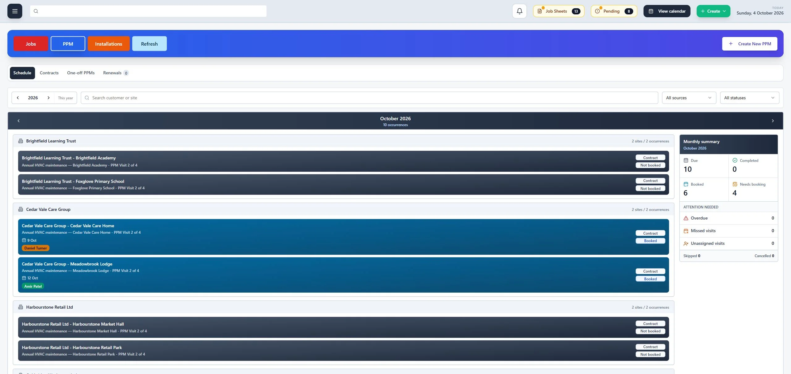 ClimaticFlow: October maintenance occurrences grouped by customer, alongside booked visits and work needing scheduling.
