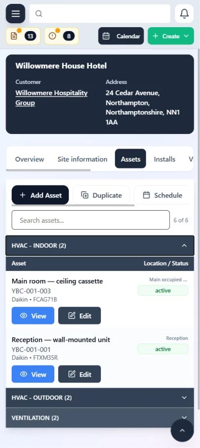 ClimaticFlow: Phone site asset register showing equipment grouped by category.