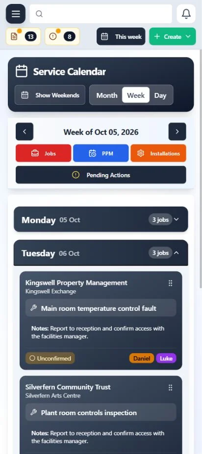 ClimaticFlow: Mobile calendar with Monday collapsed and Tuesday expanded, showing site details and two engineers assigned to a visit.