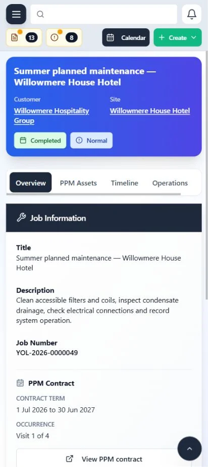 ClimaticFlow: Phone maintenance job record with links to its site, customer and maintenance context.