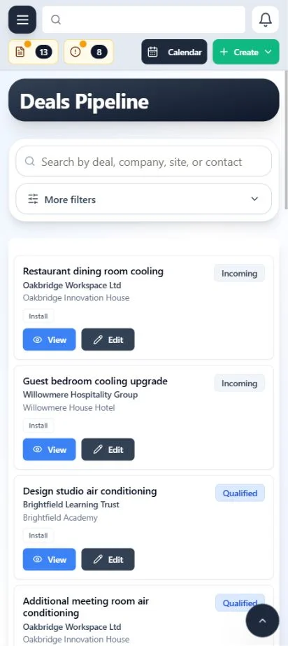 ClimaticFlow: Mobile deals list with customer sites and opportunity statuses.