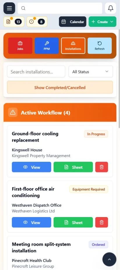ClimaticFlow: Phone installation workspace showing projects and delivery status.