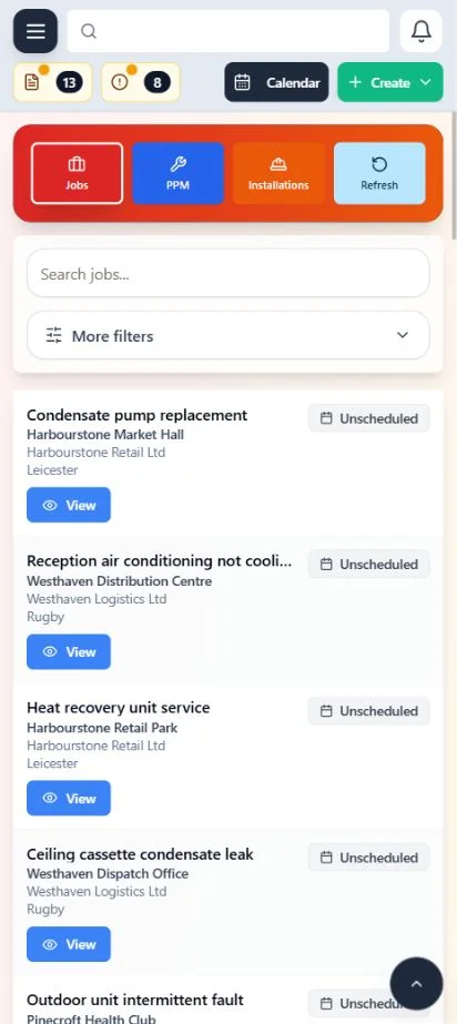 ClimaticFlow: Phone jobs workspace with customer work, site context and status.