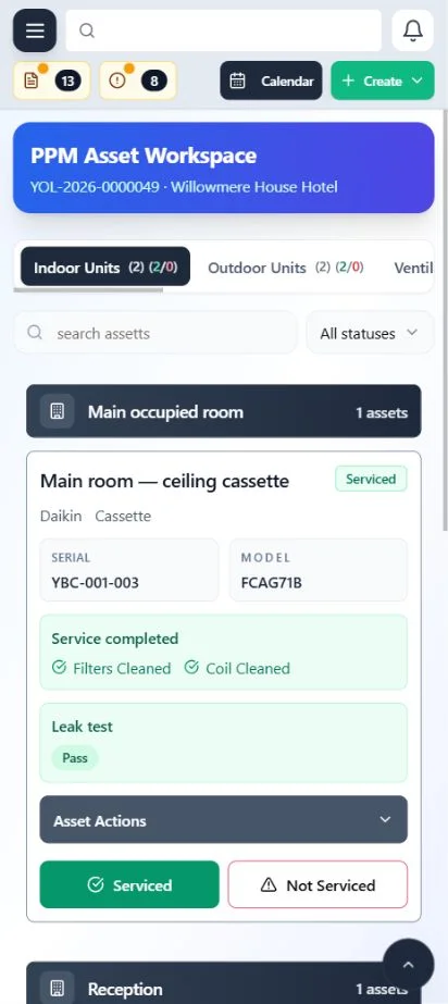 ClimaticFlow: Phone PPM workspace with equipment and service checks connected to the maintenance job.