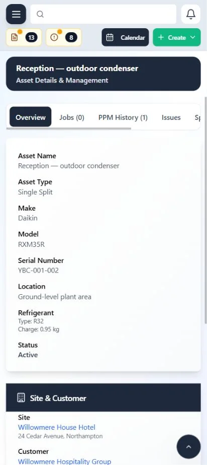 ClimaticFlow: Phone outdoor unit record showing refrigerant information and related equipment details.