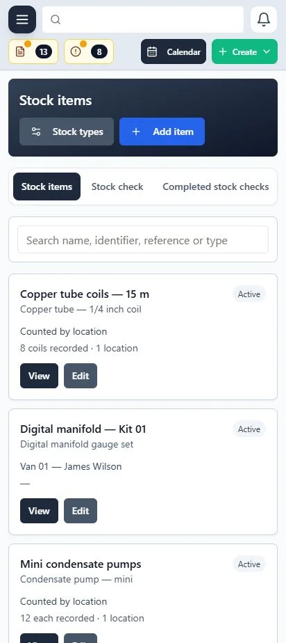 ClimaticFlow: Phone stock register showing copper coils, a manifold kit assigned to an engineer van and counted condensate pumps.