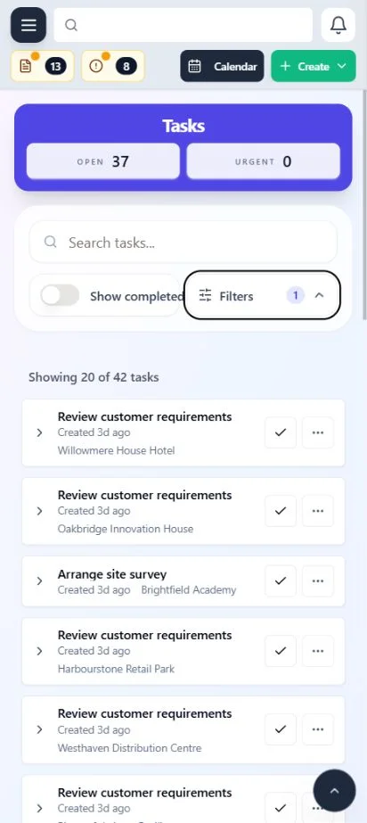 ClimaticFlow: Phone task list showing the synthetic team's assigned operational work.