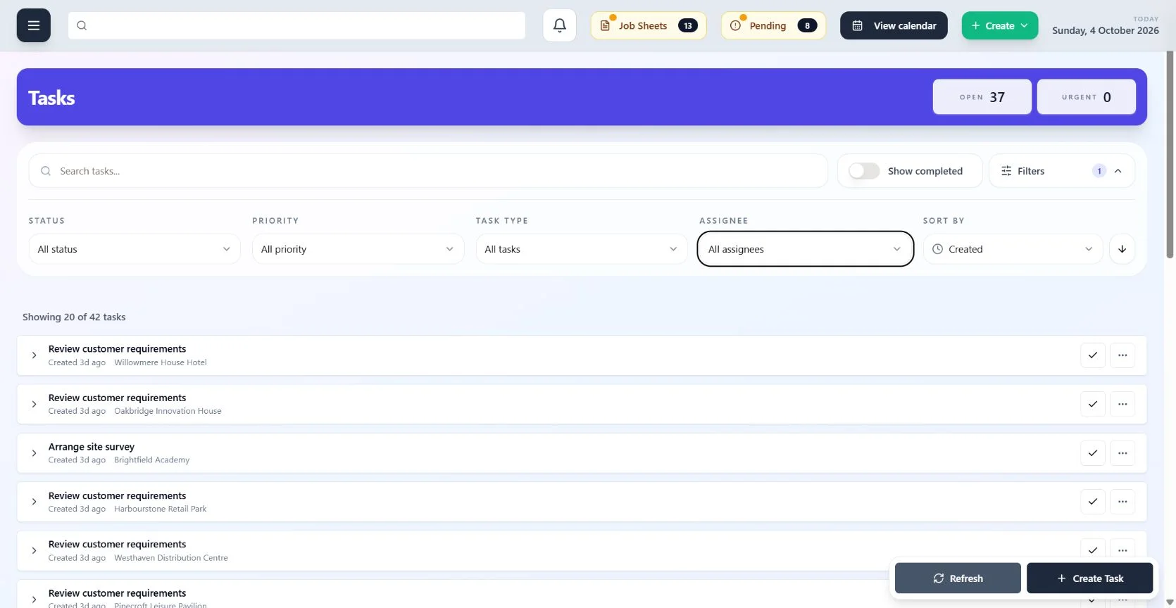 ClimaticFlow: Tasks across all assignees, including site surveys, quotation follow-ups and purchase order checks.